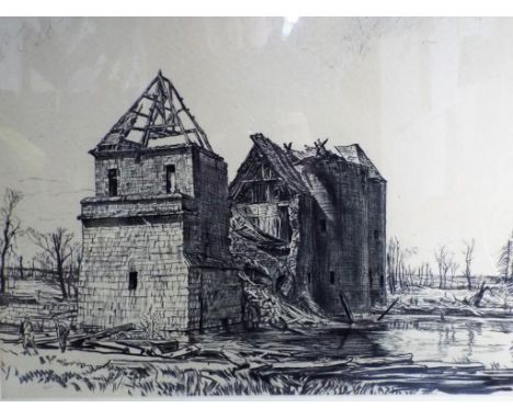 Muirhead Bone - a world war one (WW1) original lithograph by Muirhead Bone entitled Chateau near Brie on the Somme, signed by