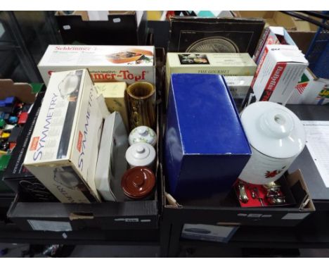 Two boxes containing a mixed lot of predominantly kitchen items to include a Prestige Symmetry pestle and mortar, a Royal Wor
