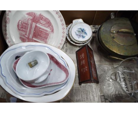 A good mixed lot to include a brass pot, plated flatware, glass jug, mixed ceramics to include Royal Worcester, Royal Doulton