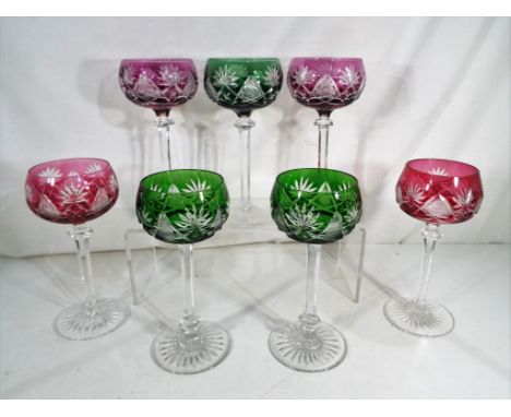 Val St Lambert - a collection of seven Val St Lambert hock glasses all cut to clear, signed to include two ruby, two amethyst