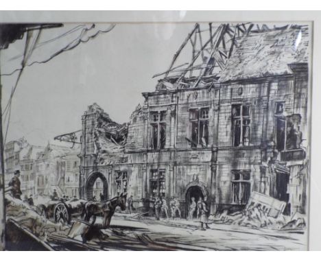 Muirhead Bone - a world war one (WW1) original lithograph by Muirhead Bone entitled The Town Hall, Peronne, signed by the art