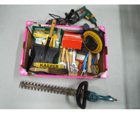 A good mixed lot of new and used tools to include a Bosch CSB682E, a 13amp portable RCD, spanner, brick hammers, measuring ta