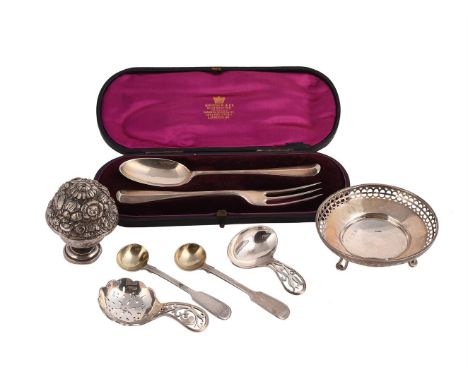 
	
		A COLLECTION OF SILVER ITEMS
		To include: a sifting spoon and a caddy spoon by D. N. H. &amp; S., Sheffield 1946, with 