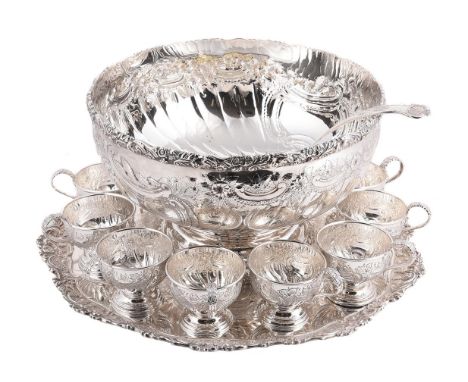 
	
		AN ELECTRO-PLATED PUNCH SET
		MAPPIN &amp; WEBB
		Comprising: a pedestal bowl and eleven cups, with chased foliate and f