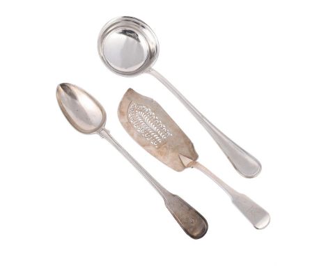 
	
		THREE SILVER SERVING ITEMS
		To include: a George III fiddle and thread pattern gravy spoon by Richard Crossley &amp; Ge