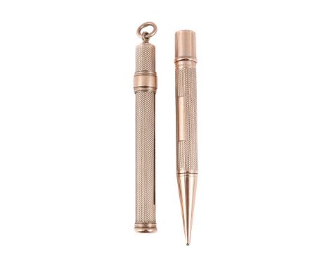 
	
		SAMPSON MORDAN &amp; CO., A 9 CARAT GOLD PROPELLING PENCIL
		LONDON 1931
		With engine turned decoration and a suspensio