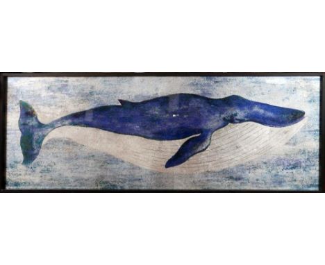 A contemporary print of a whale on perspex, in a black frame, H.43cm W.121cm 