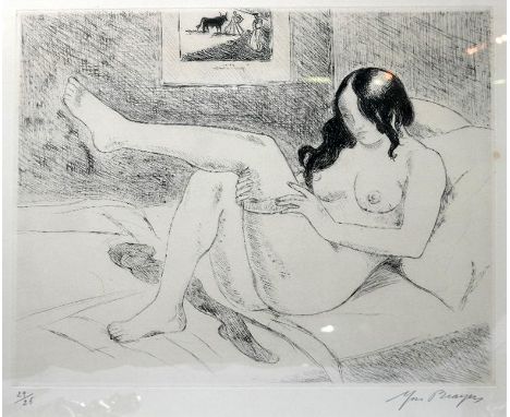 Yves Brayer (1907-1990), dry point etching of reclining nude, signed edition 24/25, 30 x 35cm 