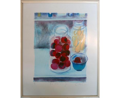 Chloe Cheese (British, b.1952), 'Red Plums in a Jar', print, signed, titled and numbered 96/195 in pencil to lower margin, 34