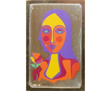 A signed limited edition silkscreen print of a portrait on a gilt metal tablet, signed lower right, edition 147/300, framed a