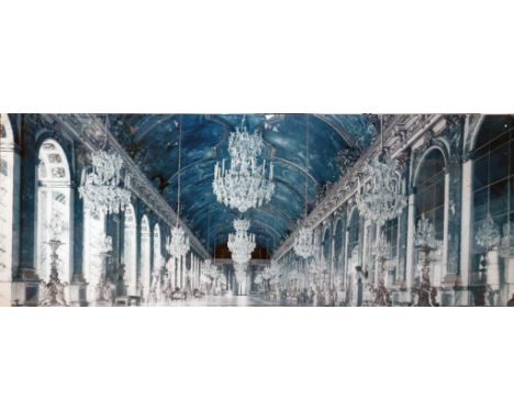 A large interior scene print of the Hall of Mirrors at the Palace of Versailles on perspex, H.60cm W.151cm 