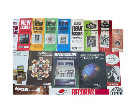A large collection of mostly DECCA vintage vinyl / record shop promotional advert flyers and publicity paperwork, including a