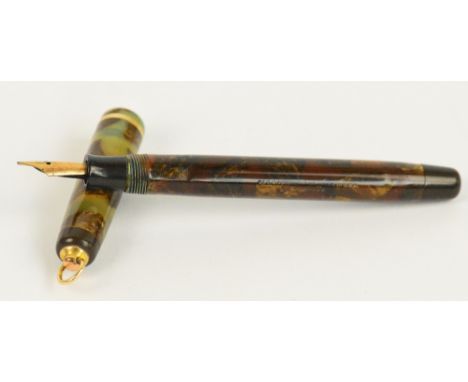 A Parker fountain pen with mottled pen in shades of gold, brown and green, and with 14ct yellow gold nib and ring loop attach
