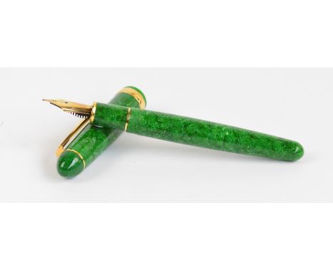 A "Platinum" mottled jade bodied fountain pen with gold plated trim, numbered 3776, and with 14ct numbered yellow gold nib, l