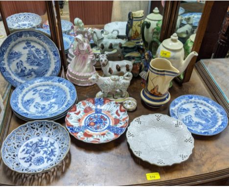 A selection of ceramics to include 19th century blue and white plates, 18th/19th century saltglaze plate, Meissen bowl A/F, 1