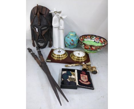 A mixed lot to include Lladro figure group  of two nuns, Chinese ginger jar, mother of pearl handled opera glasses, tribal ma