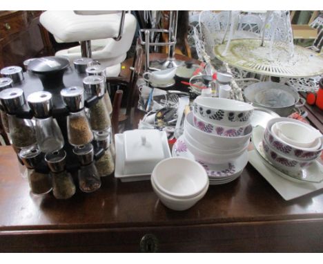 A miscellaneous lot of kitchen and household items to include pans and pots, kitchen utensils, Cole and Mason spice dispenser