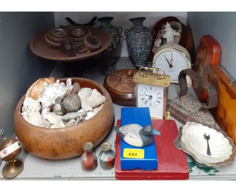 Collectables to include a treen bowl of seashells, vintage kitchen scales, a small painted treen duck signed Jott '89 and 2 E
