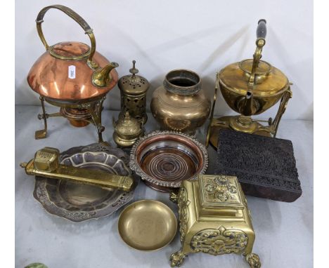 A mixed lot to include an Arts &amp; Crafts copper and brass spirit kettle, Middle Eastern travelling inkwell/pen holder, pri