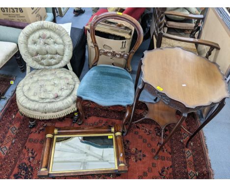 A mixed lot to include a late Victorian two tier occasional table, Regency rosewood overmantel mirror, Victorian balloon back