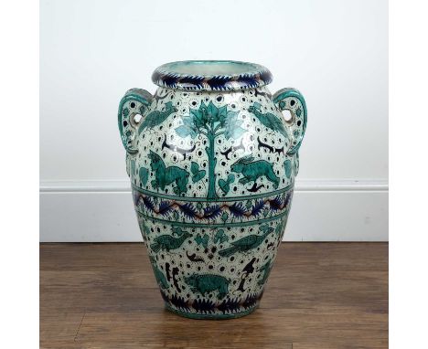 Cantigalli floor standing vasedecorated with tree of life with animals, signed to the inside top rim, 56cm high overallProven