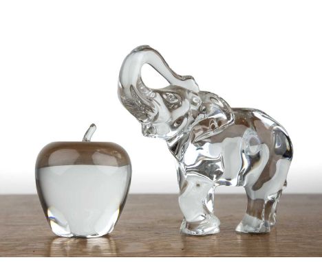 Steuben glass paperweight in the form of an apple, signed to the base, 9.5cm high and a Baccarat glass elephant sculpture or 