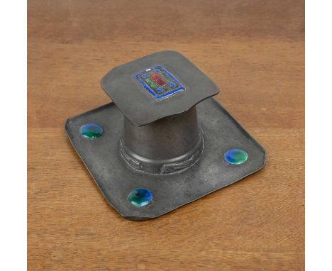 Archibald Knox (1864-1399) for Liberty & Co 'Tudric' pewter and enamel inkwell of square form, stamped 'Tudric 0141 5' to the