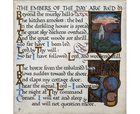 Edward Johnston (1872-1944) 'The Embers of the day are red' calligraphy manuscript poem, ink on vellum, monogrammed lower lef