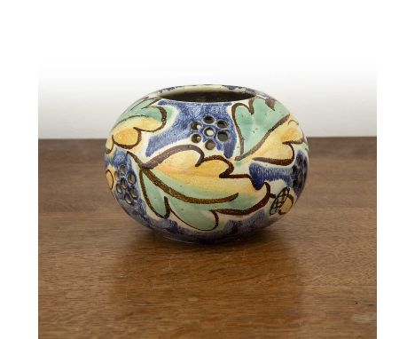 In the Bloomsbury Group style ceramic pierced bowl decorated with leaves and acorns, signed with initials to the base, 9cm hi