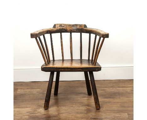 Low comb back chair ash and elm, spindle supports with horse shoe structure, 70cm high x 70cm wideOld woodworm, old repairs. 