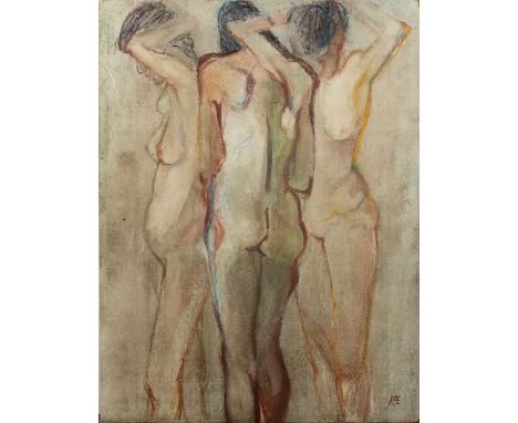 20th Century School'Untitled nude study, oil on panel, monogrammed lower right, 61cm x 46cmWear to edges and corners as a res