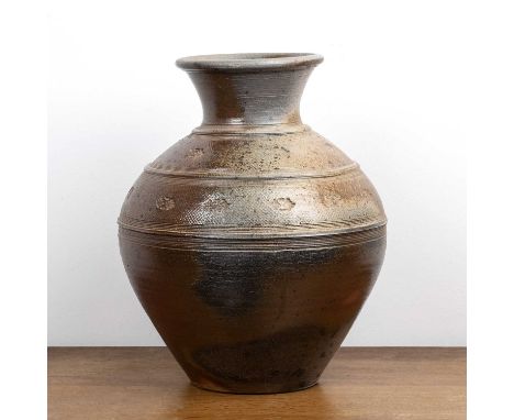 Svend Bayer (b.1946)large wood fired vase, with impressed repeating decoration, with impressed seal mark to the top band of d