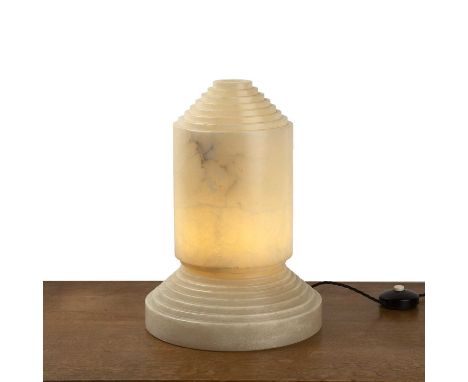 Art Deco style alabaster table lamp, of stepped form, 42cm high overall x 29.5cm wide overallThe shade lifts off from the cir