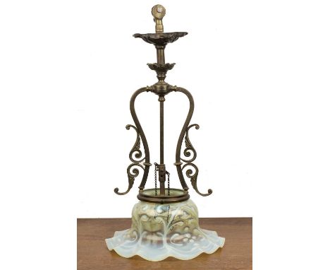 Art Nouveau brass ceiling light with a vaseline glass shade attributed to Powell & Sons, and brass ceiling light, 57cm from t