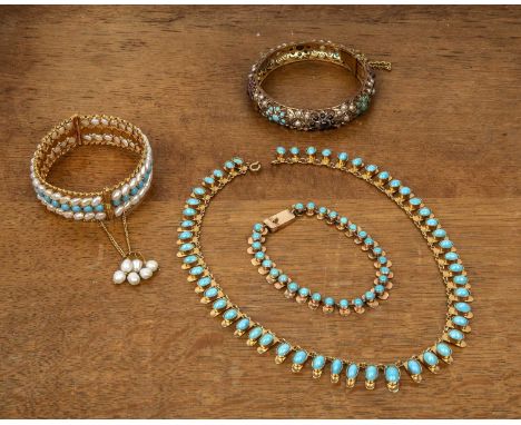 Collection of Continental jewellery comprising of: an unmarked yellow metal (untested) and turquoise set necklace with matchi