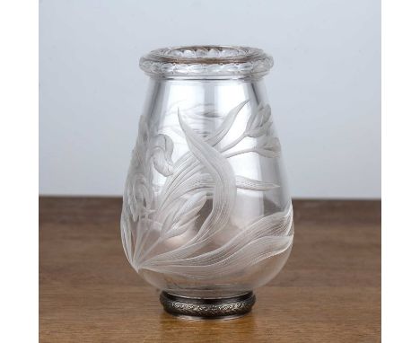 French wheel engraved glass vase 20th Century, decorated with flower and leaves with repeating decoration to the rim, unsigne