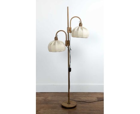 Contemporary standard lamp oak, with adjustable with shaped seed pod shades and weighted base, 158cm high overallNeeds rewiri