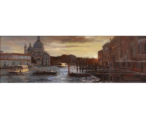Ian Hargreaves (b.1957) 'Venice, Fading light', oil on board, signed lower right, 17cm x 51cmOverall display wear and scuffs 