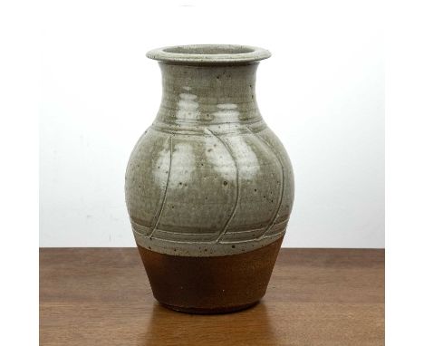 In the manner of Richard Batterham (1936-2021) studio pottery ash glazed tall vase, unmarked, 30.5cm highWith some crazing to