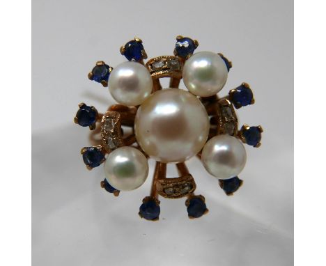 A 9ct yellow gold, sapphire pearl and diamond cluster ring, set with 12 outer sapphires, 8 diamonds and five central cultured