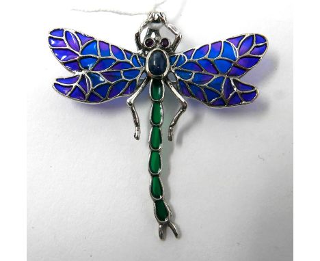 A large, sterling silver dragonfly pendant/brooch in plique a jour enamel, sapphire cabochon abdomen and ruby eyes, 5 x 5cm, 