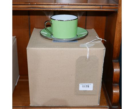 6 Legle Limoges, lime-green porcelain teacups and six matching saucers. 