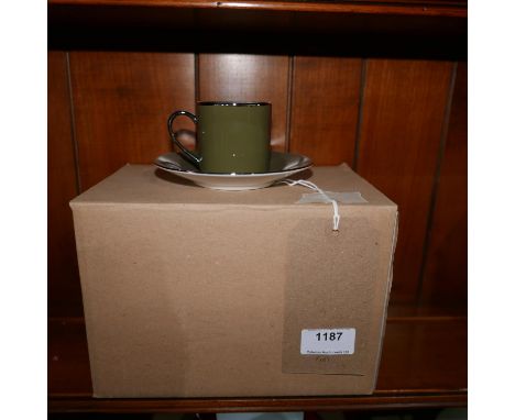 6 Legle Limoges, khaki green porcelain coffee cups and saucers 
