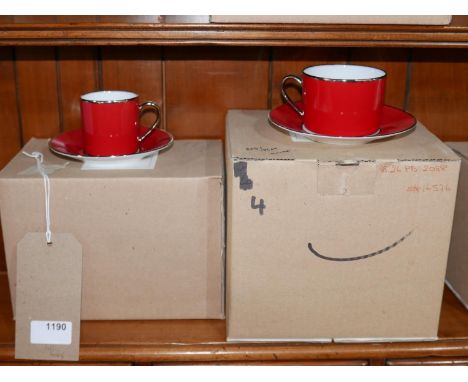 4 Legle Limoges, red/platinum finish porcelain tea cups and saucers with 4 matching coffee cups and saucers. 