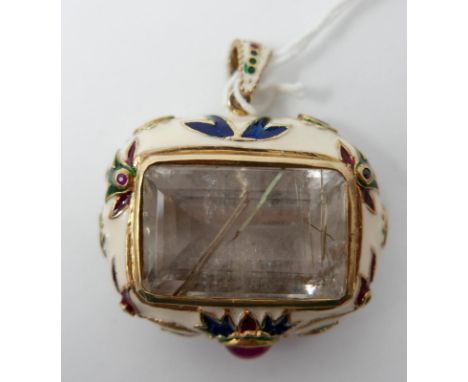 A large gold plated on sterling silver pendant, centrally set with a large, faceted rock crystal in a hand enamelled mount in