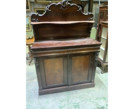 A mahogany chiffonier with two drawers above cupboard with interior shelf.   W:108cm x D:48cm x H:155cm