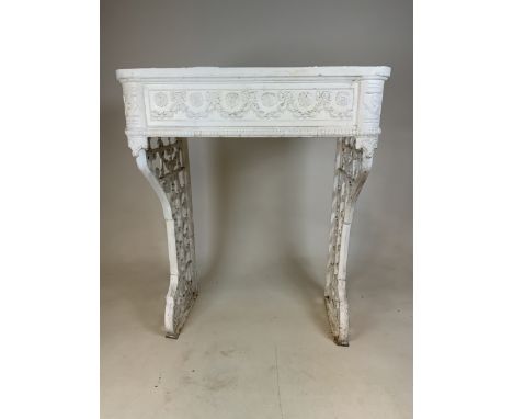 A Victorian cast metal console table base decorated with flowers and swags.W:59cm x D:44cm x H:76cm