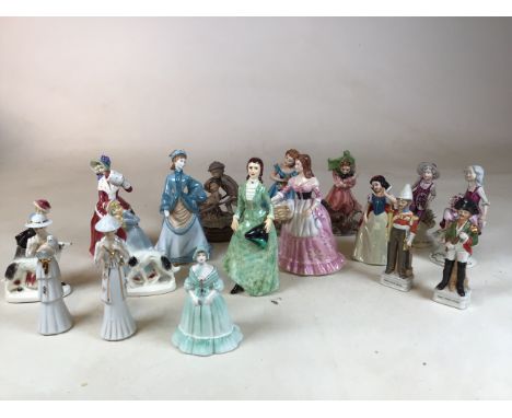 A large collection of figurines including Royal Doulton Christmas Morn, Royal Worcester Rebecca, English Rose Nell Gwynn, Coa