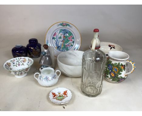 A Thwaites glass soda siphon together with a carved marblesque bowl  and other ceramic items 