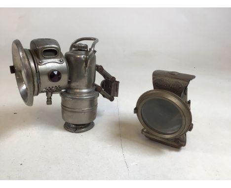 A Lucas Silver King vintage motorcycle or bicycle lamp Height 12.5cm together with a Powell &amp; Hanmer  vintage motorcycle 